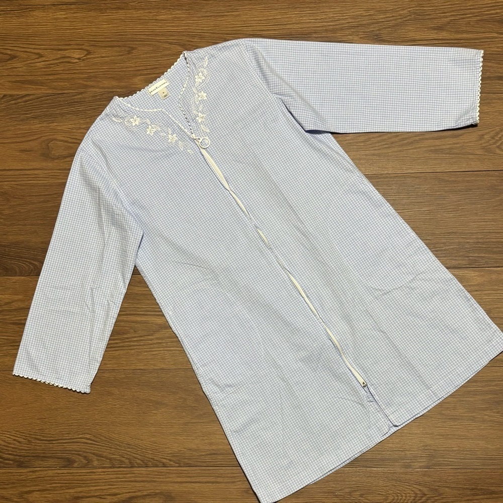 Miss Elaine Light Blue Check Zip Front Pajama Gown Medium